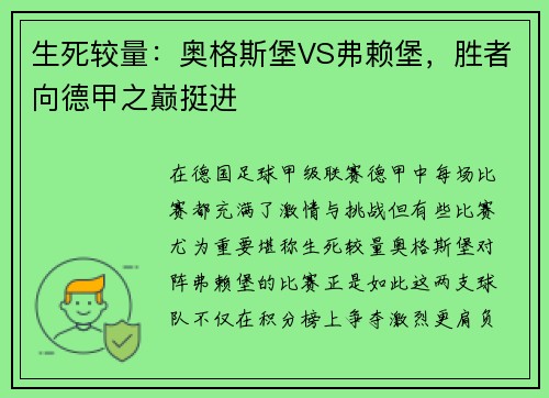 生死较量：奥格斯堡VS弗赖堡，胜者向德甲之巅挺进